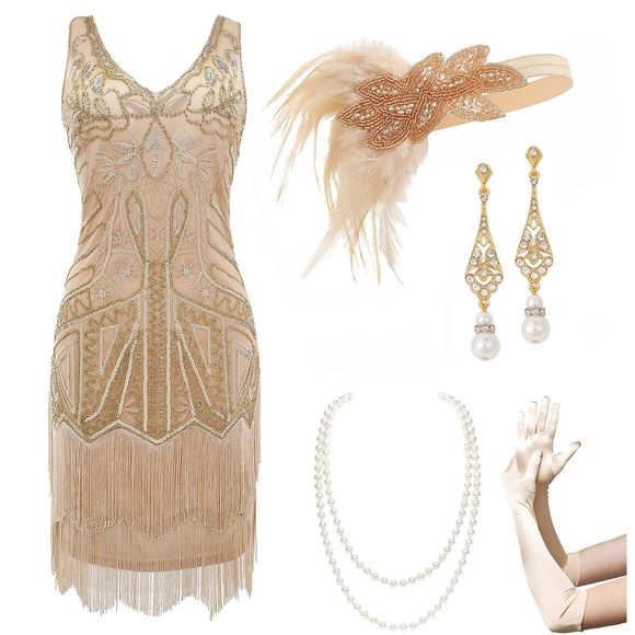 Women’s Flapper Dresses Set 1920s V Neck Beaded Fringed Great Gatsby Dress😜